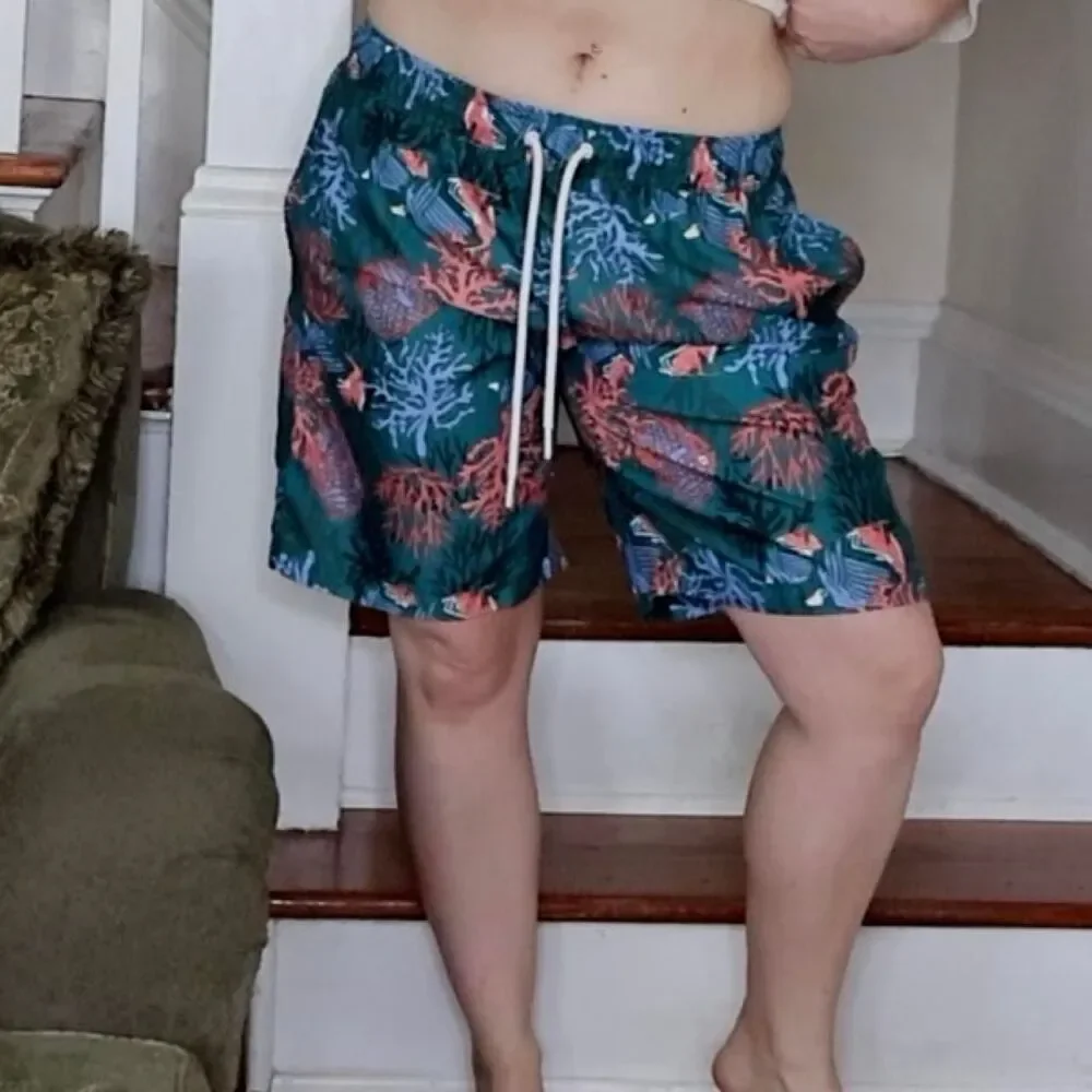 Teal Swim Shorts Fish Coral Reef Sz L Drawstring Bathing Trunks Tropical